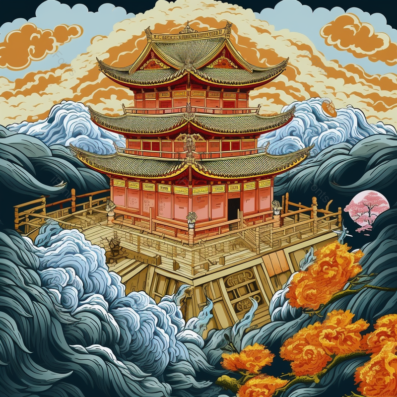 中国风黄鹤楼亭台楼阁宫殿建筑祥云插画图,插画/手绘图,插画/手绘图库,插画/手绘图下载,插画/手绘